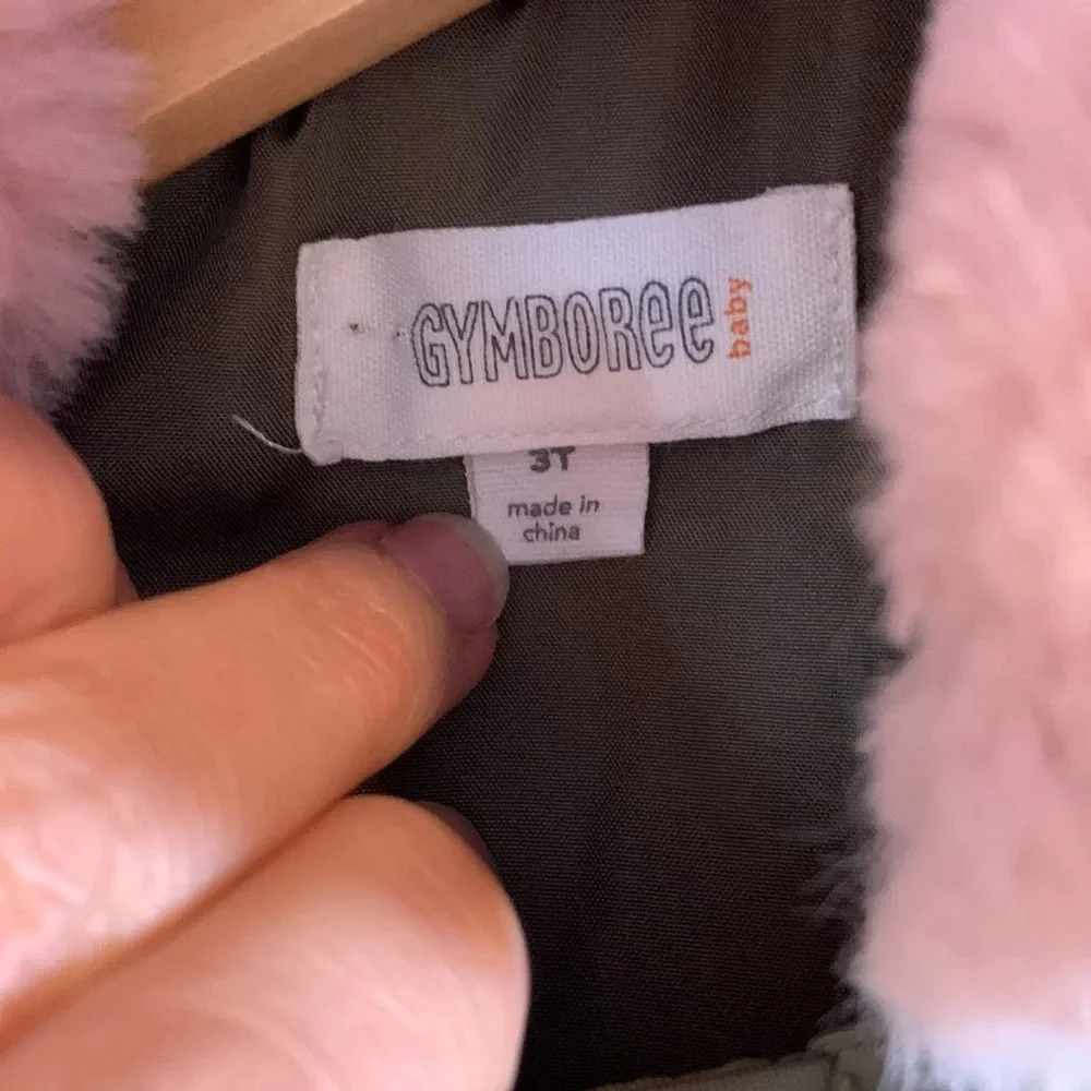 Gymboree size 3t olive military green zip up pink fur hood like new winter parka